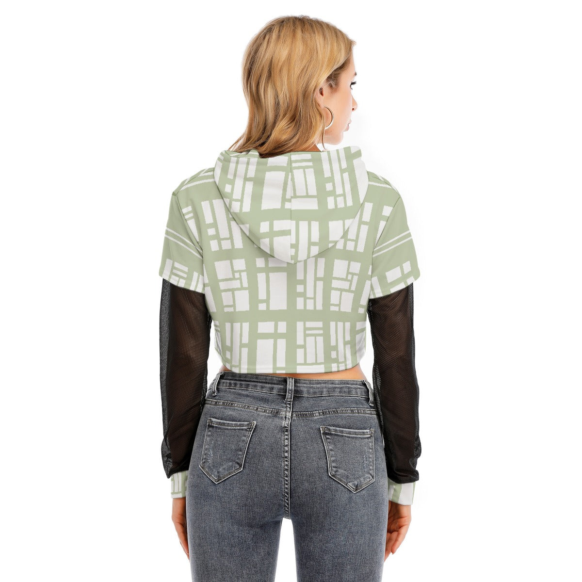 All-Over Print Women's Fake Two-piece Mesh Sleeve Cropped Hoodie