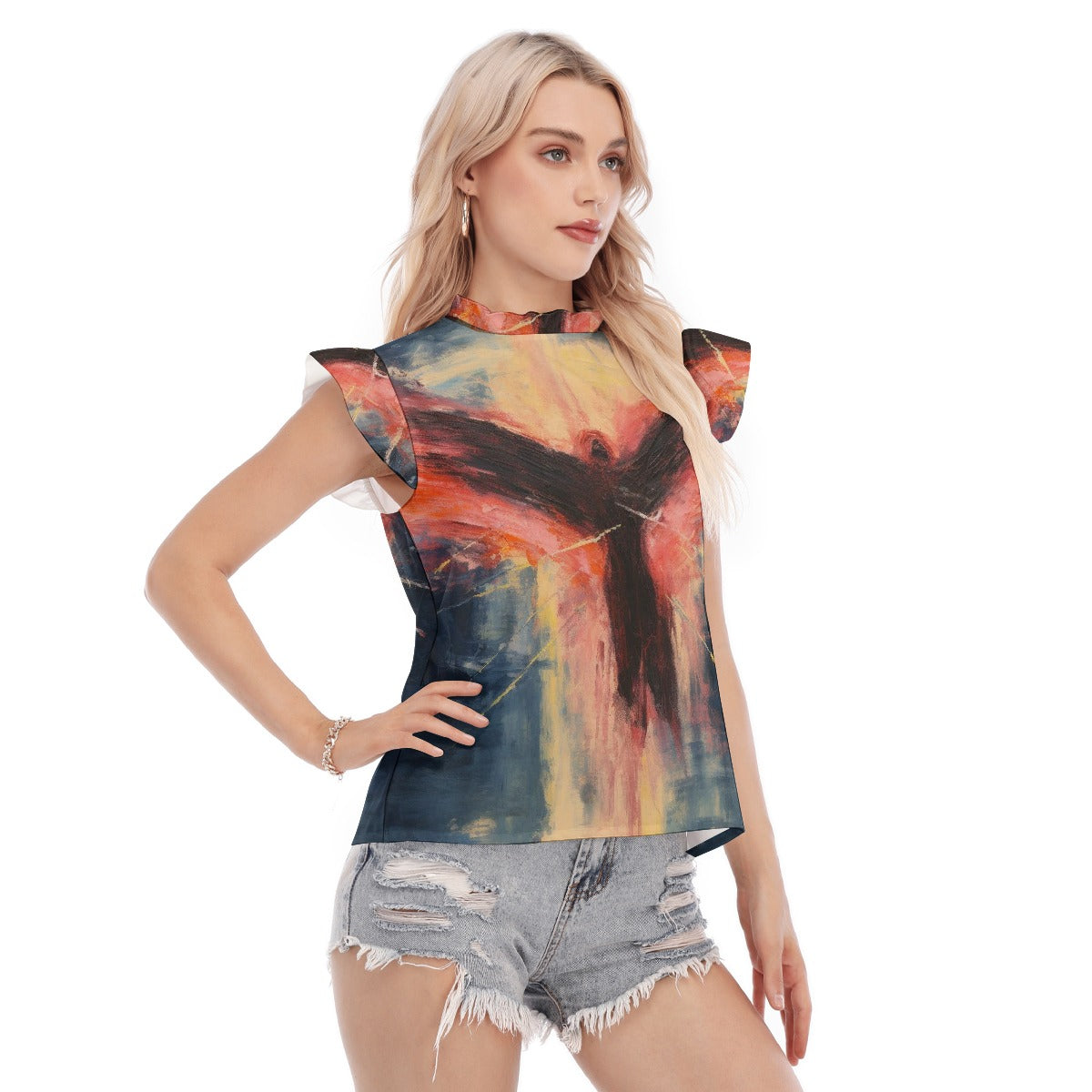 All-Over Print Women's Blouse With Ruffle Collar And Sleeve