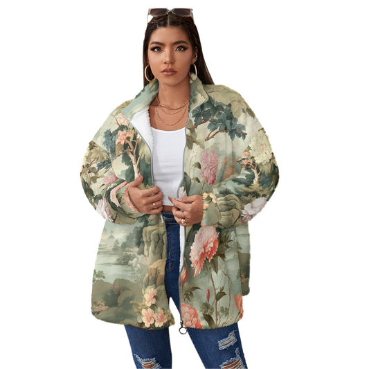 All-Over Print Unisex Borg Fleece Stand-up Collar Coat With Zipper Closure(Plus Size)