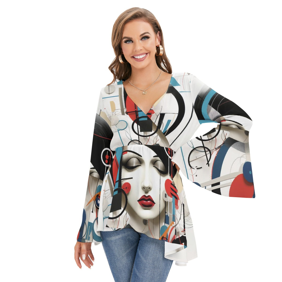 All-Over Print Women's V-neck Blouse With Flared Sleeves