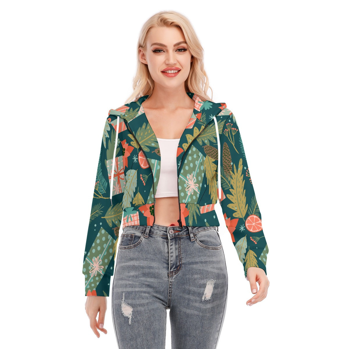 All-Over Print Women's Crop Top Hoodie With Zipper Closure