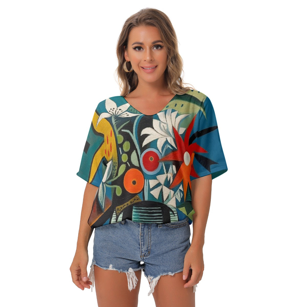 All-Over Print Women's Bat Sleeves V-Neck Blouse