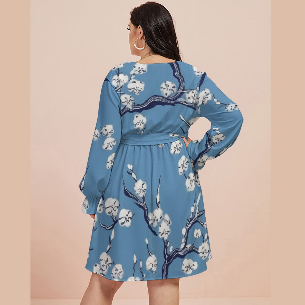 All-Over Print Women's V-neck Dress With Waistband(Plus Size)