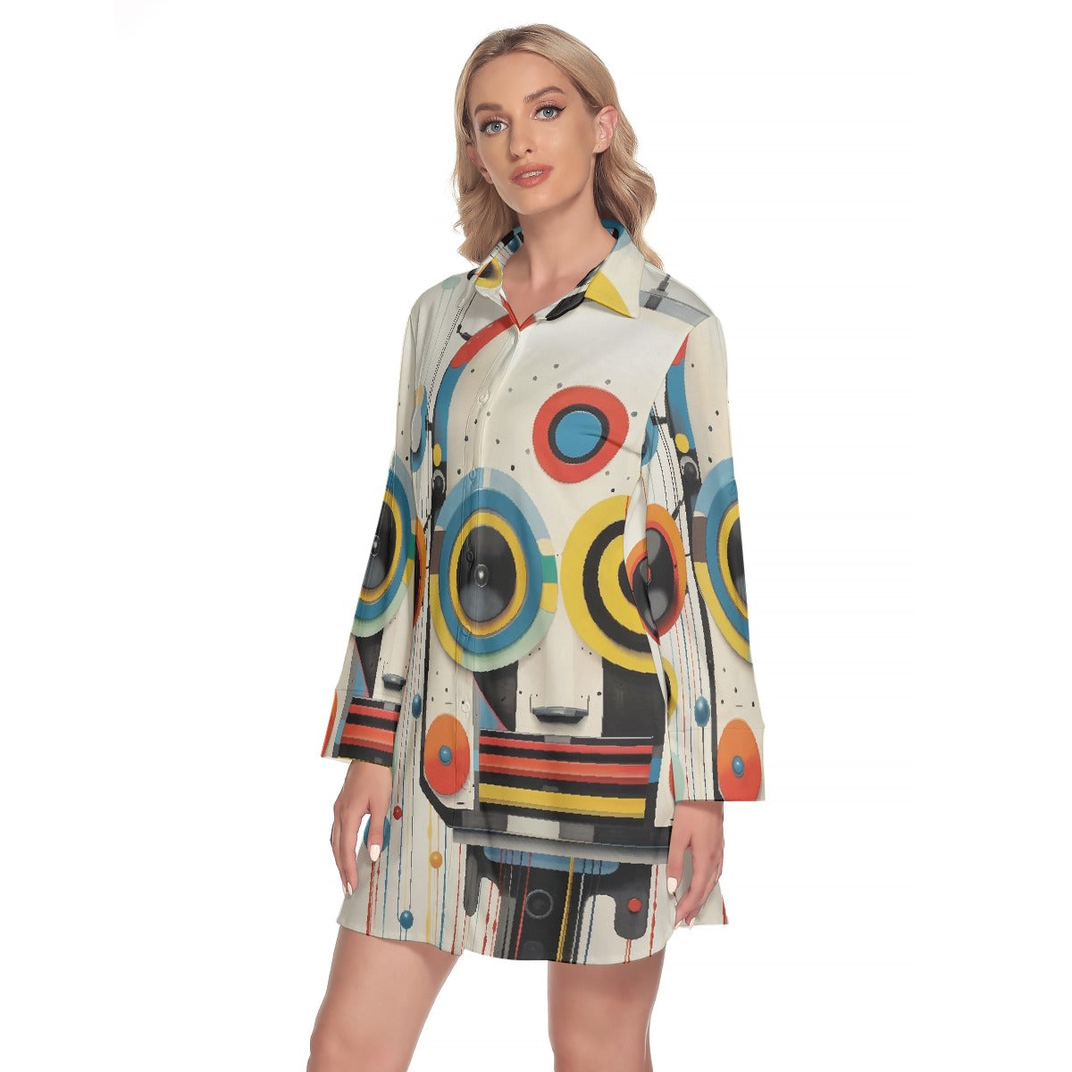 All-Over Print Women's Lapel Shirt Dress With Long Sleeve