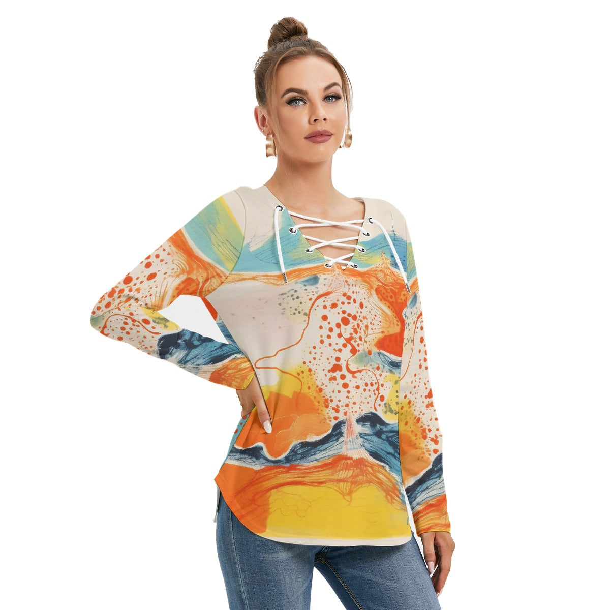 All-Over Print Women's Long Sleeve Neckline Tie Sweatshirt