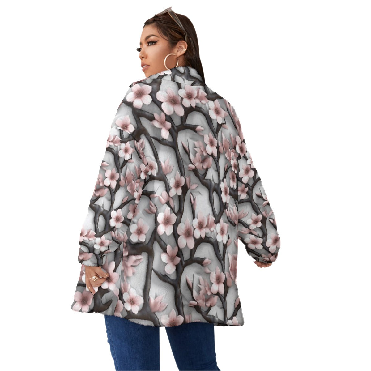 All-Over Print Unisex Borg Fleece Stand-up Collar Coat With Zipper Closure(Plus Size)