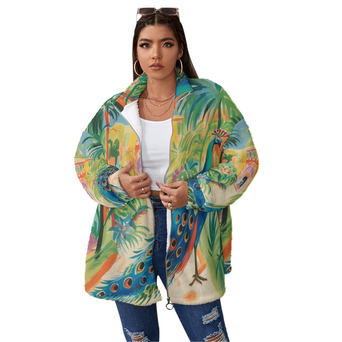 All-Over Print Unisex Borg Fleece Stand-up Collar Coat With Zipper Closure(Plus Size)