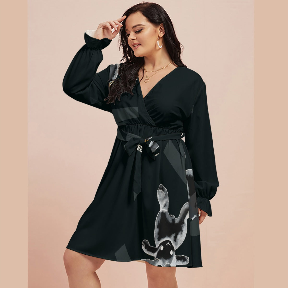 All-Over Print Women's V-neck Dress With Waistband(Plus Size)