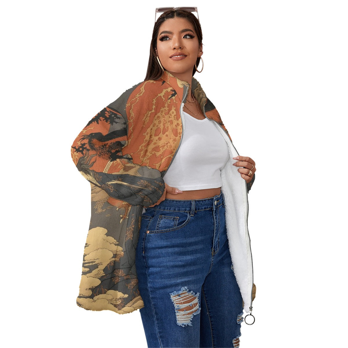 All-Over Print Unisex Borg Fleece Stand-up Collar Coat With Zipper Closure(Plus Size)