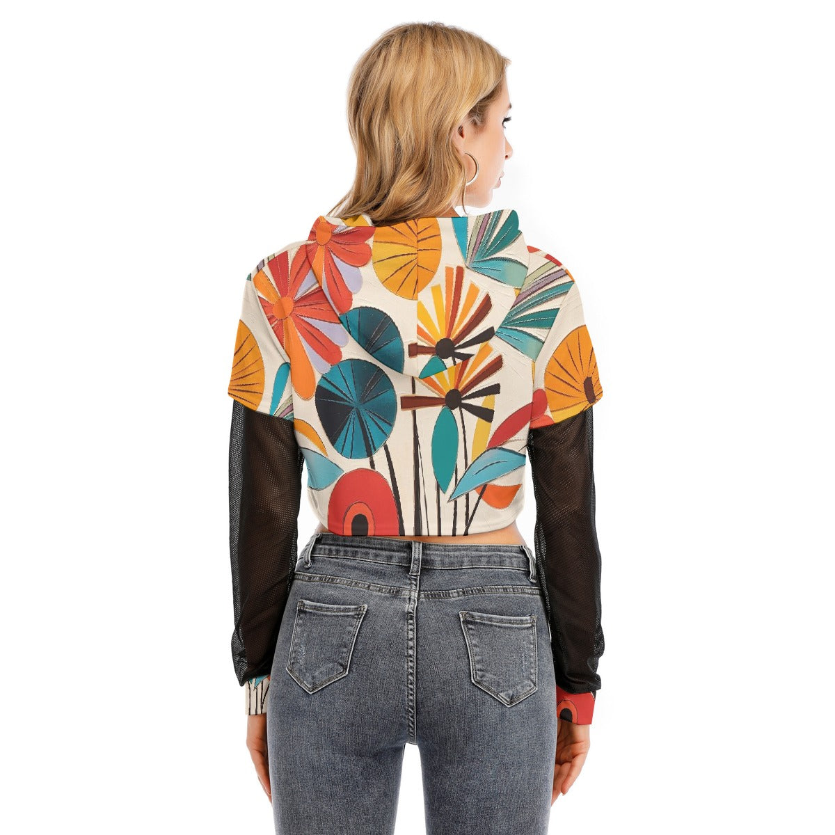 All-Over Print Women's Fake Two-piece Mesh Sleeve Cropped Hoodie