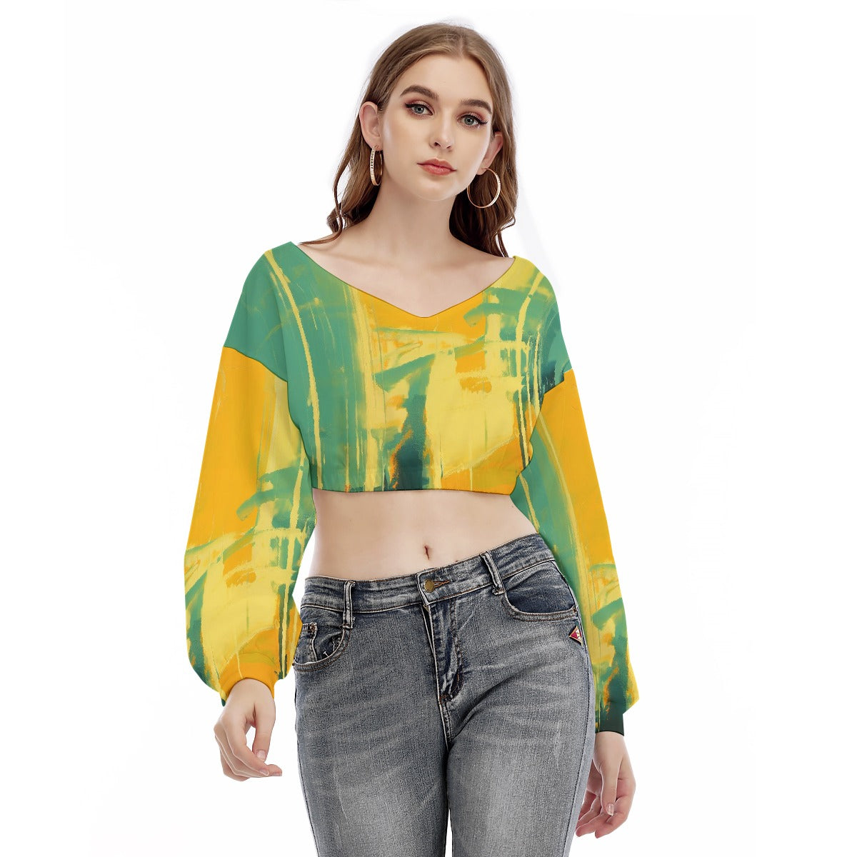 All-Over Print Women's V-neck Long Sleeve Cropped Sweatshirt