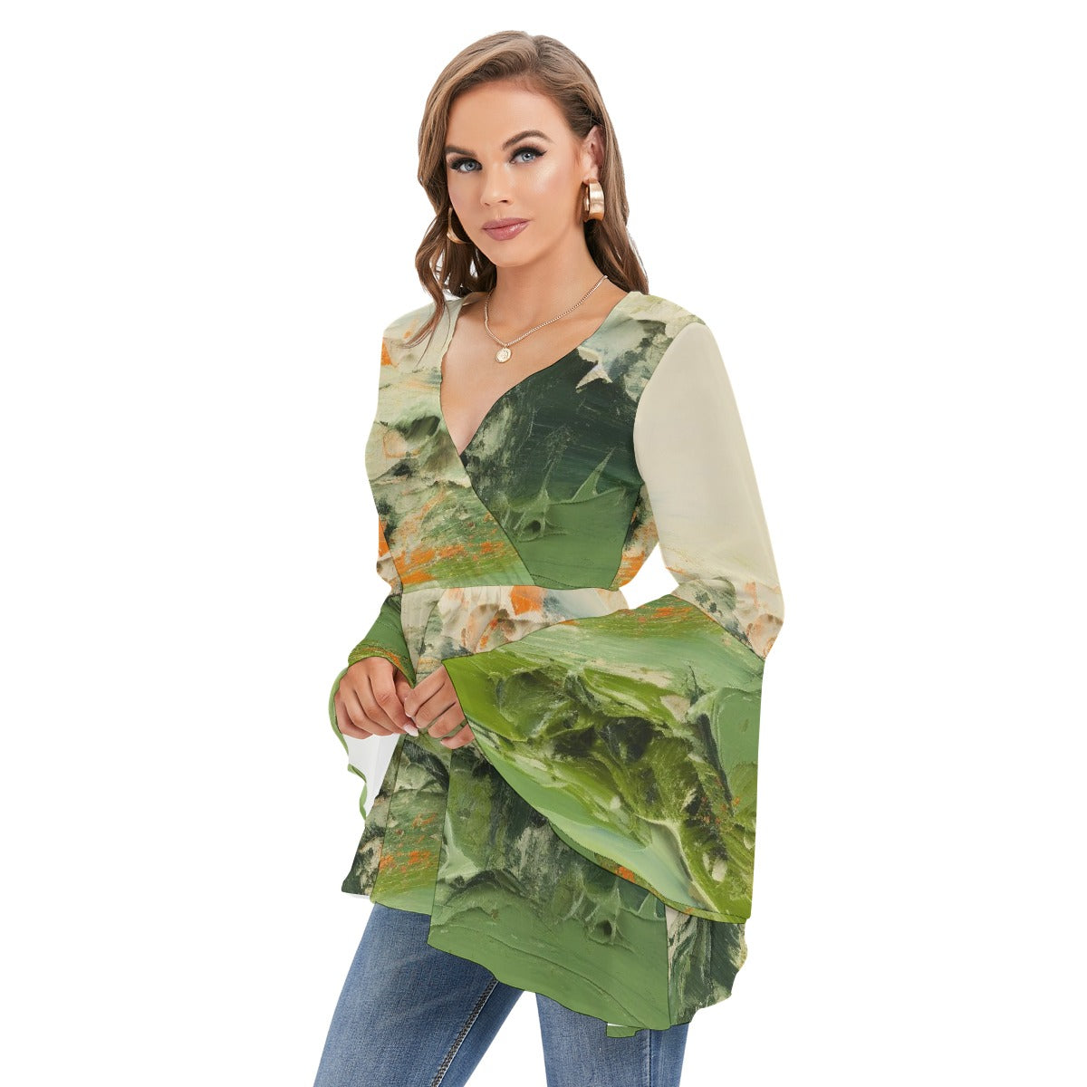 All-Over Print Women's V-neck Blouse With Flared Sleeves