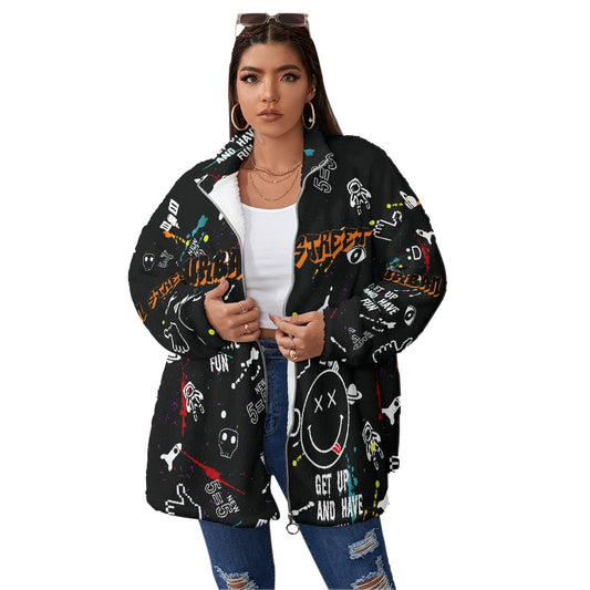 All-Over Print Unisex Borg Fleece Stand-up Collar Coat With Zipper Closure(Plus Size)