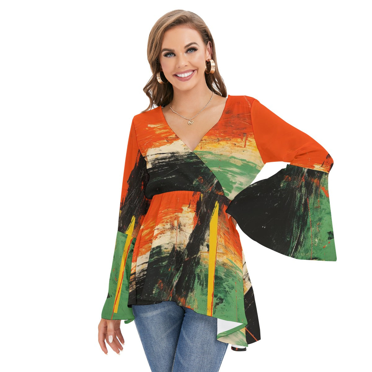 All-Over Print Women's V-neck Blouse With Flared Sleeves