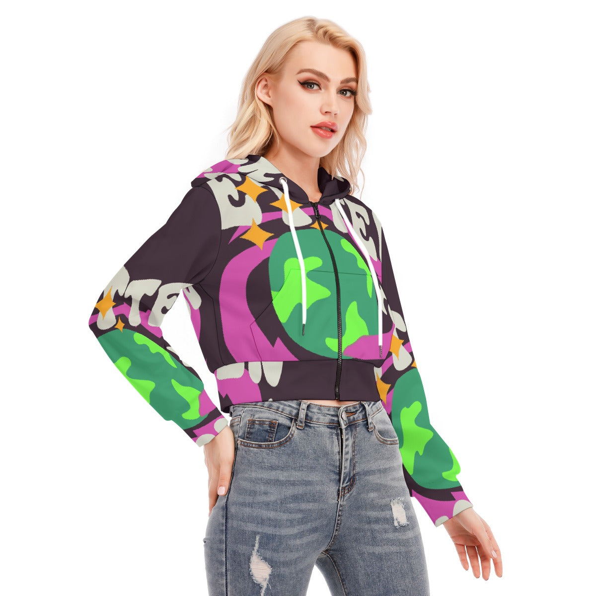 All-Over Print Women's Crop Top Hoodie With Zipper Closure