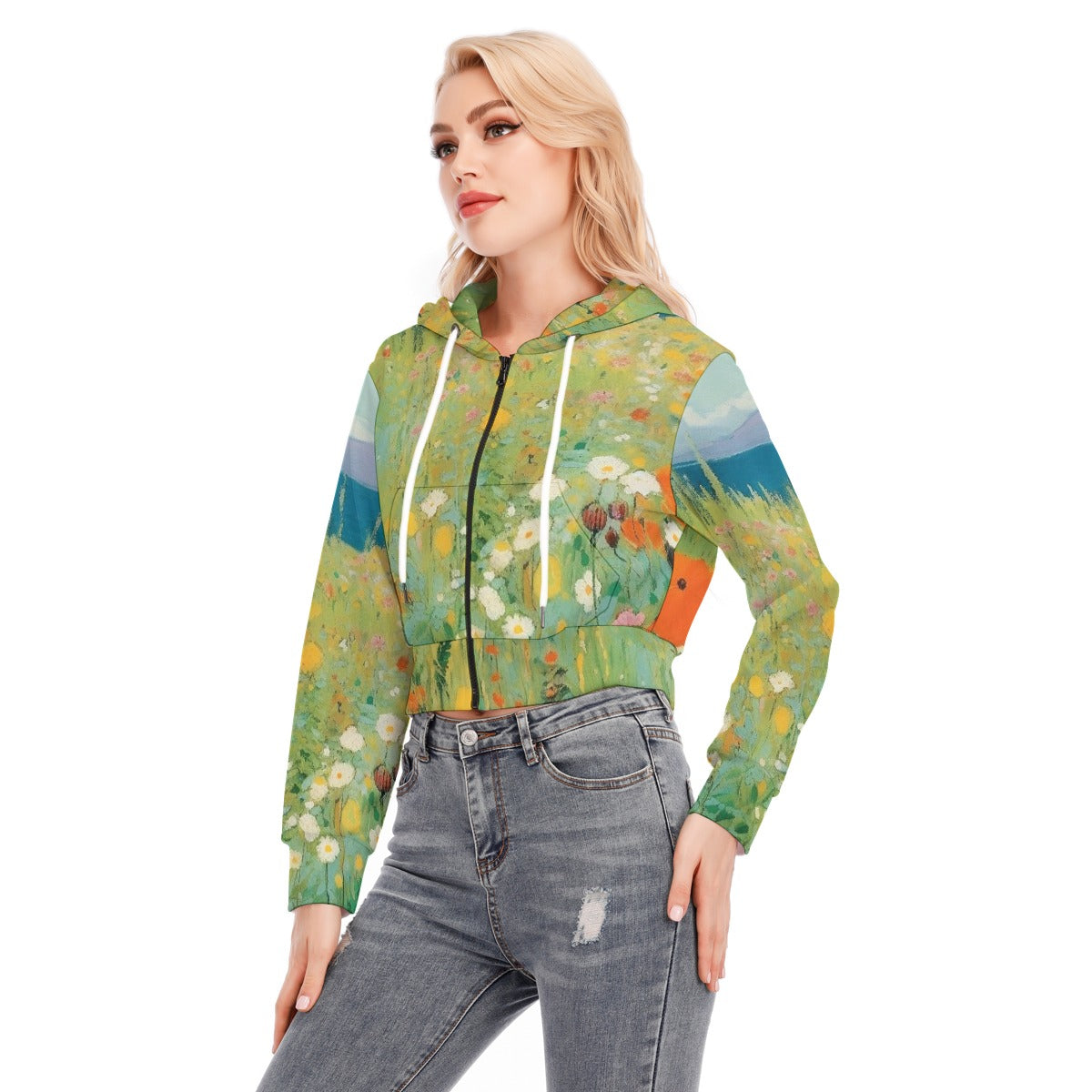 All-Over Print Women's Crop Top Hoodie With Zipper Closure