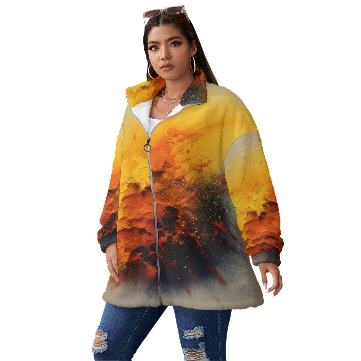 All-Over Print Unisex Borg Fleece Stand-up Collar Coat With Zipper Closure(Plus Size)