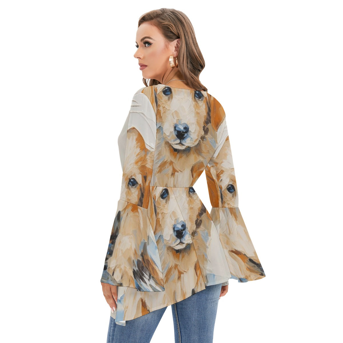 All-Over Print Women's V-neck Blouse With Flared Sleeves