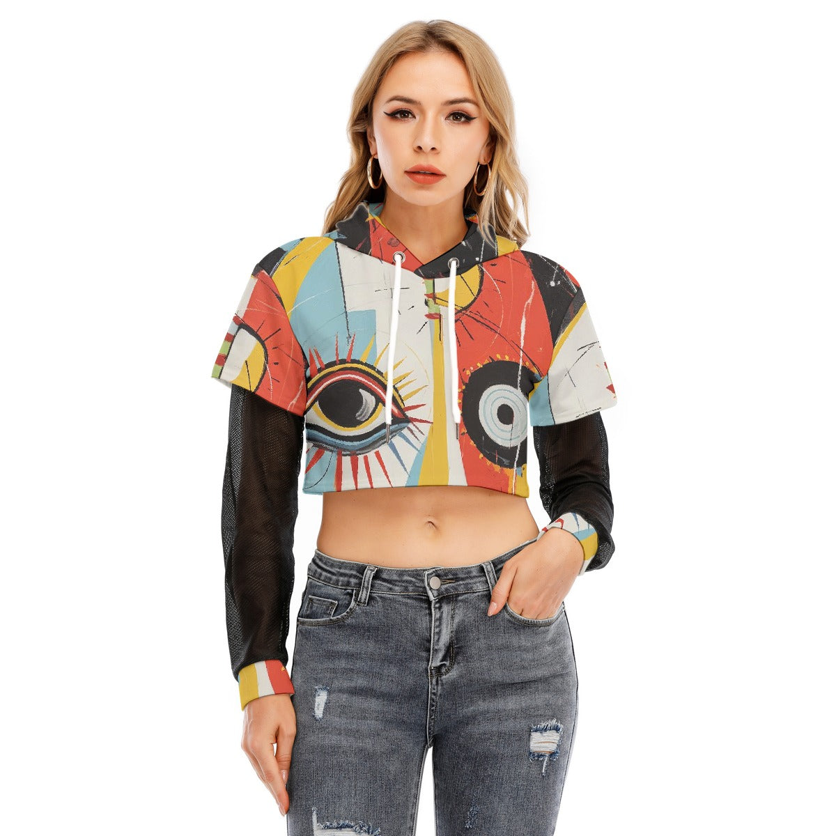 All-Over Print Women's Fake Two-piece Mesh Sleeve Cropped Hoodie