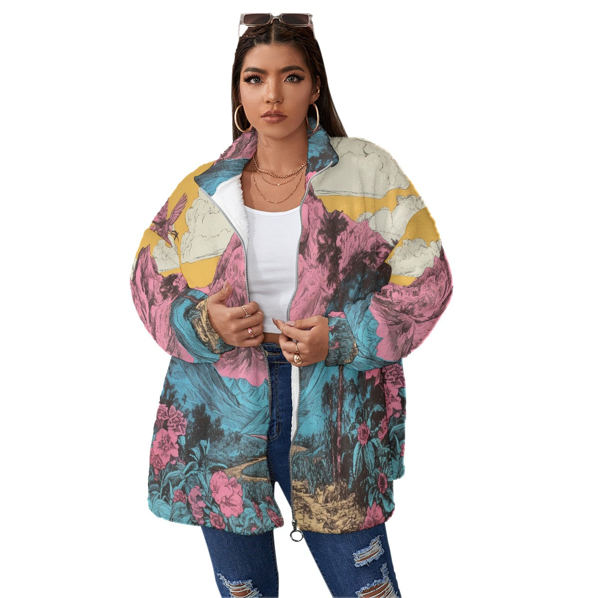 All-Over Print Unisex Borg Fleece Stand-up Collar Coat With Zipper Closure(Plus Size)