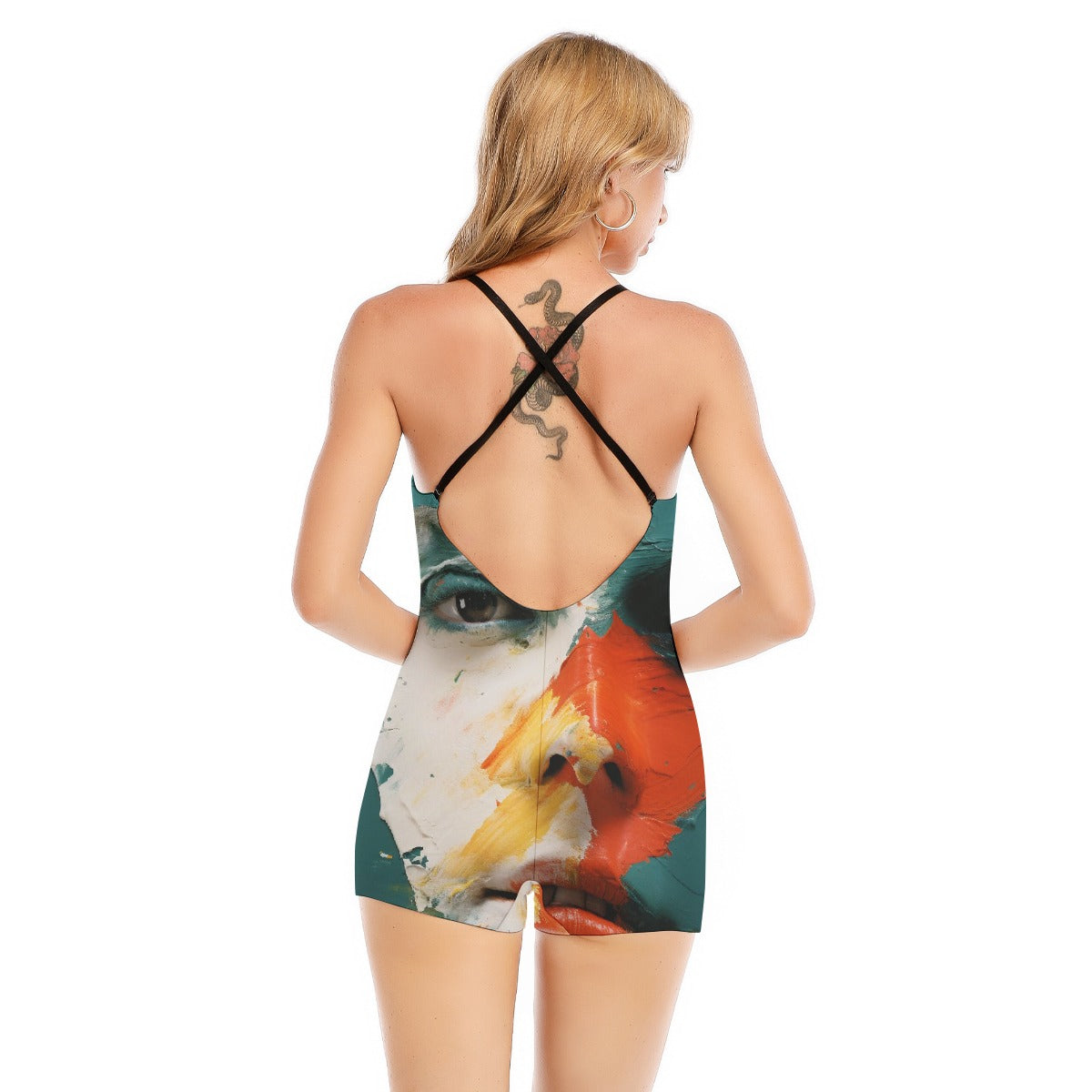 All-Over Print Women's Backless Romper With Black Straps