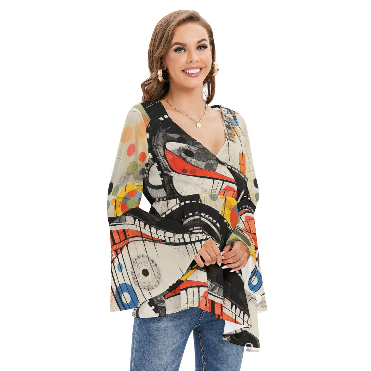 All-Over Print Women's V-neck Blouse With Flared Sleeves