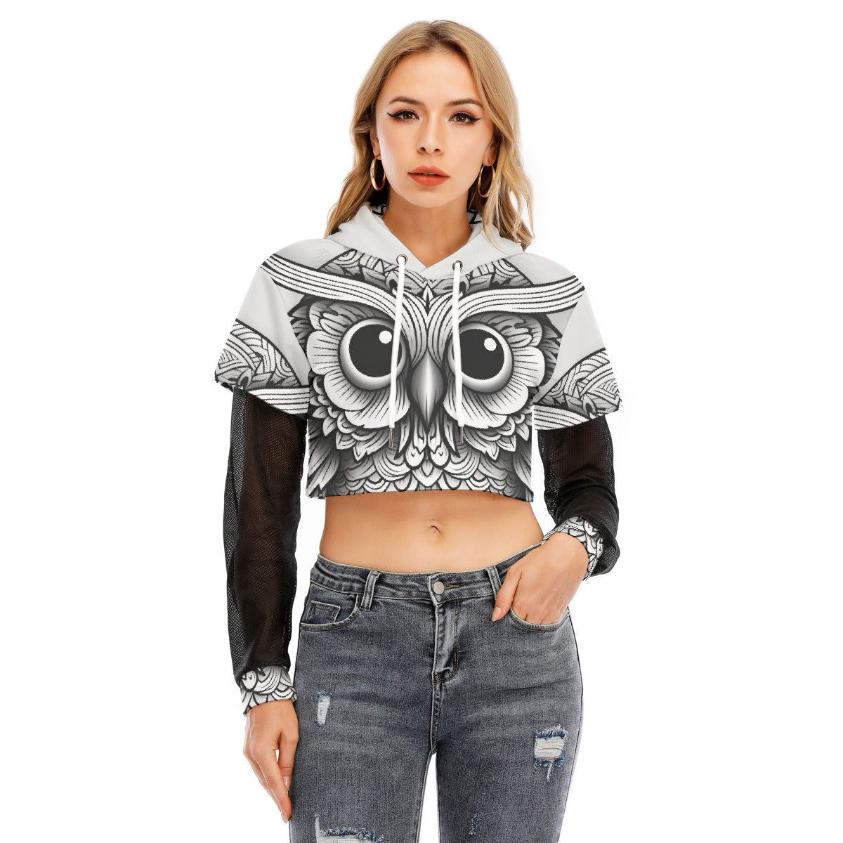All-Over Print Women's Fake Two-piece Mesh Sleeve Cropped Hoodie