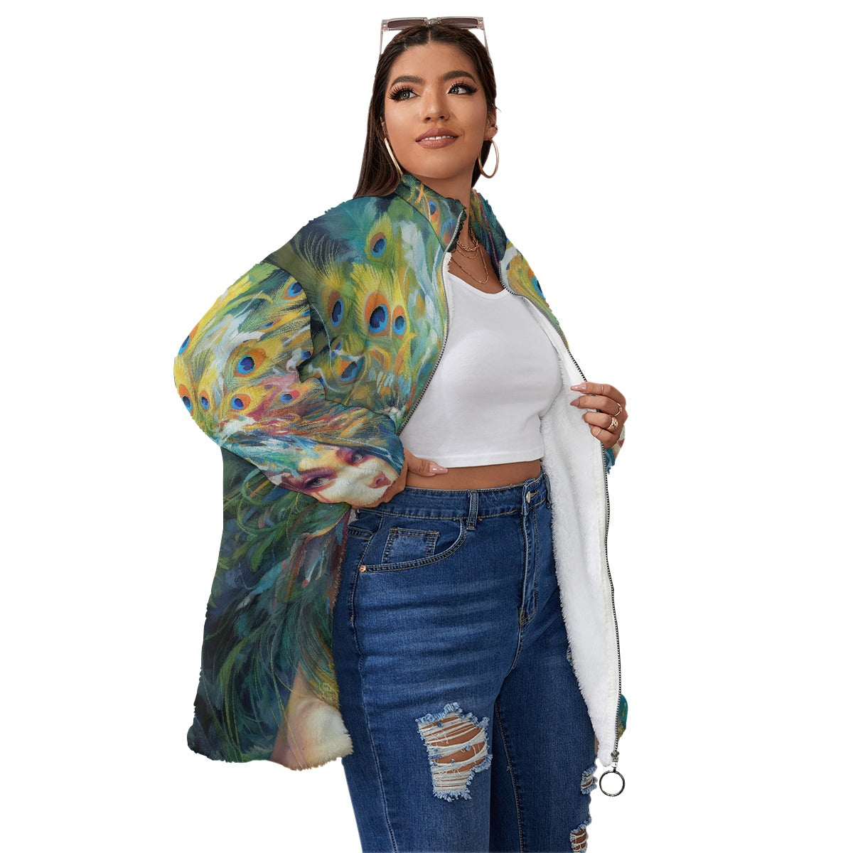 All-Over Print Unisex Borg Fleece Stand-up Collar Coat With Zipper Closure(Plus Size)