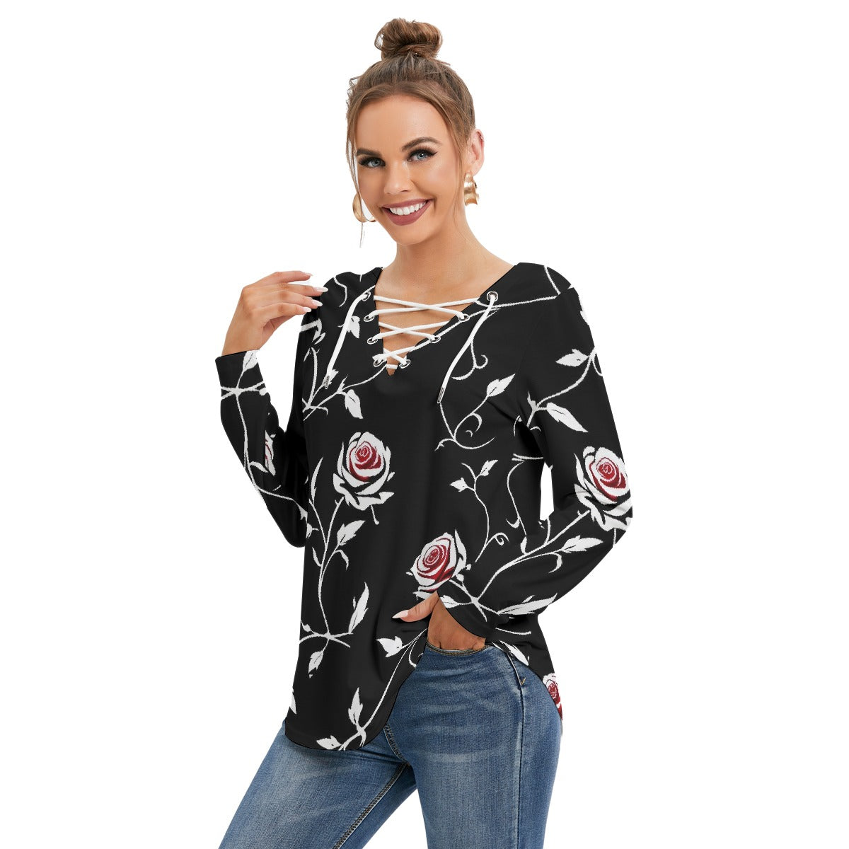 All-Over Print Women's Long Sleeve Neckline Tie Sweatshirt