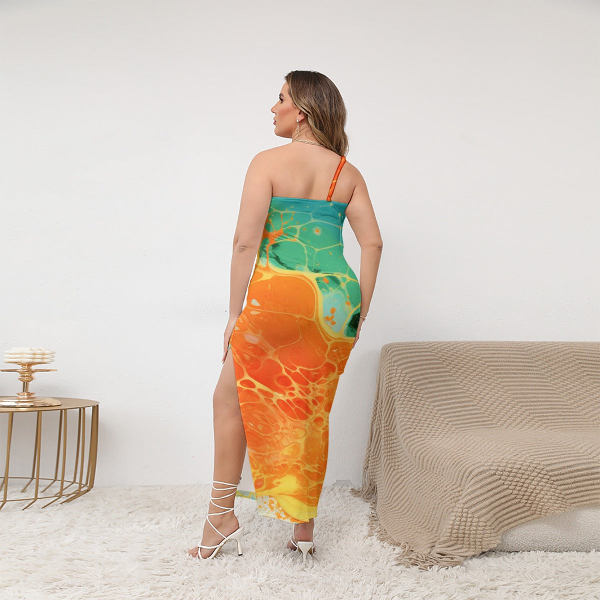 All-Over Print Women's Oblique-Shoulder Exposure Dress With Side Split (Plus Size)