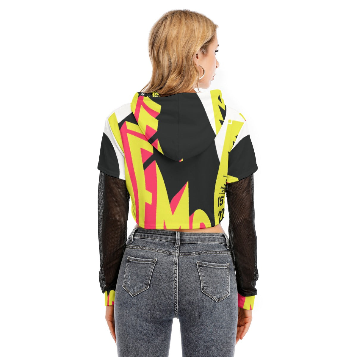All-Over Print Women's Fake Two-piece Mesh Sleeve Cropped Hoodie
