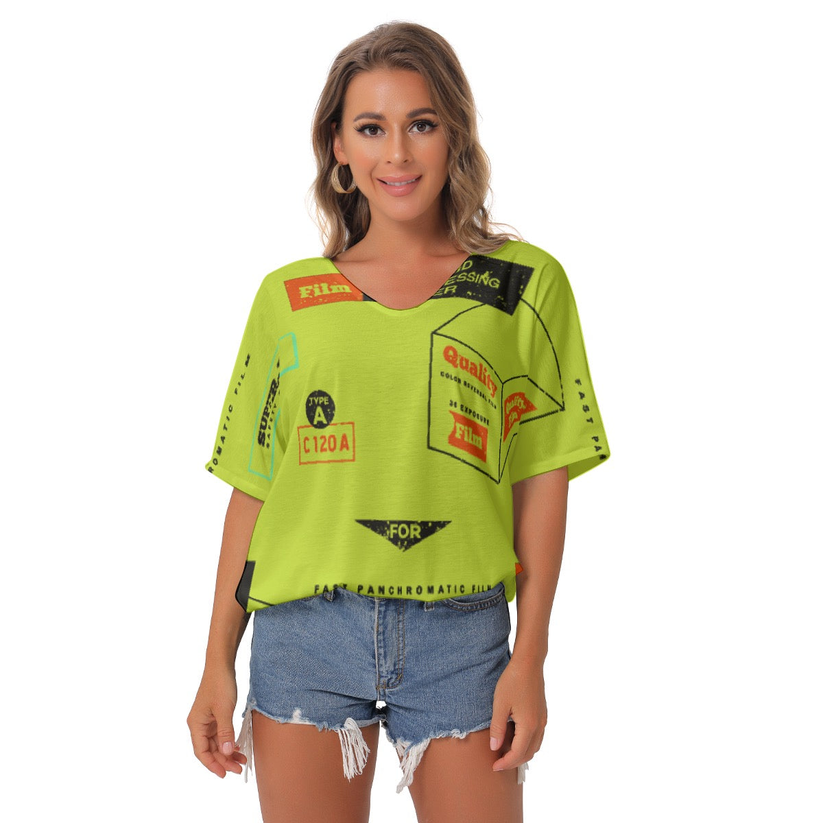 All-Over Print Women's Bat Sleeves V-Neck Blouse