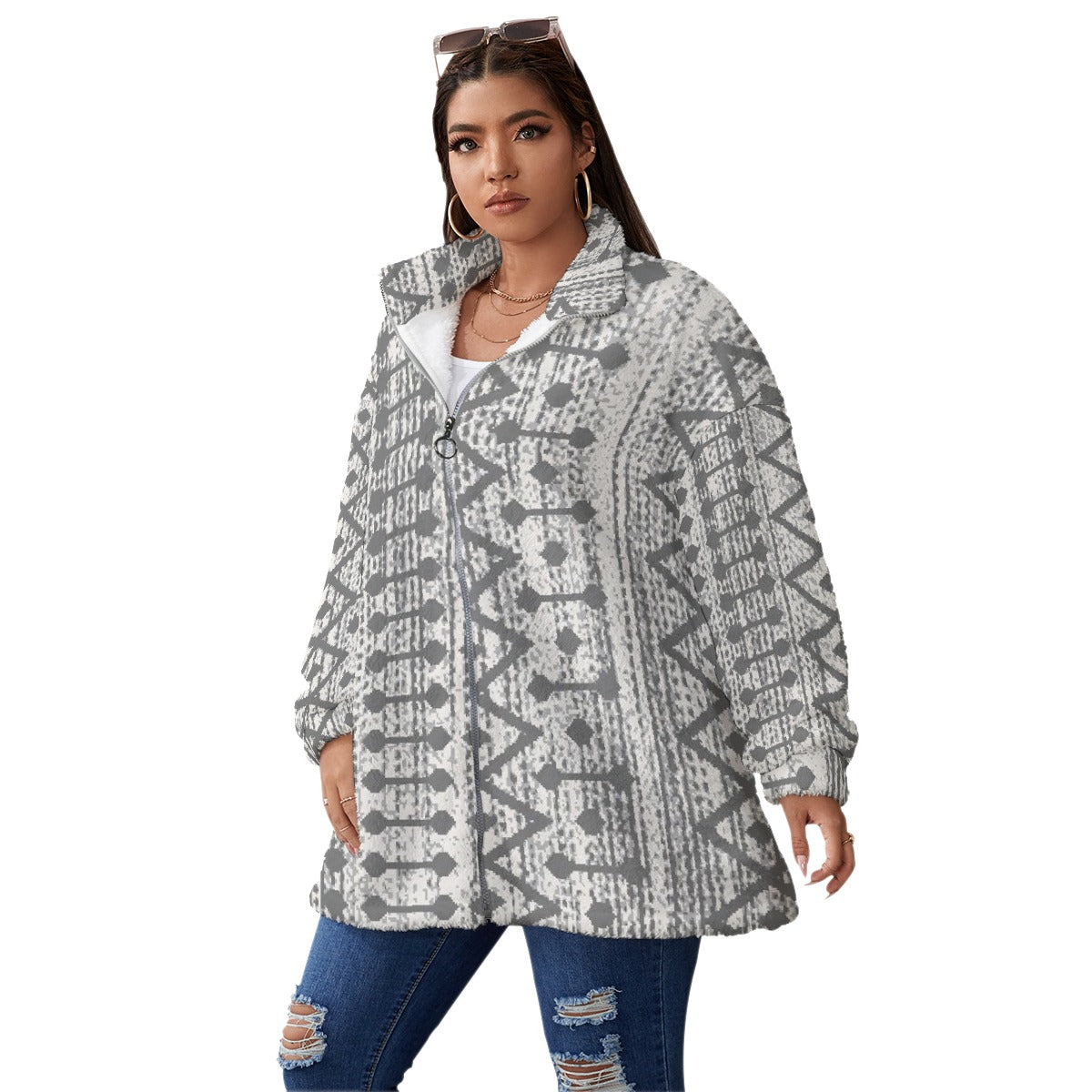 All-Over Print Unisex Borg Fleece Stand-up Collar Coat With Zipper Closure(Plus Size)