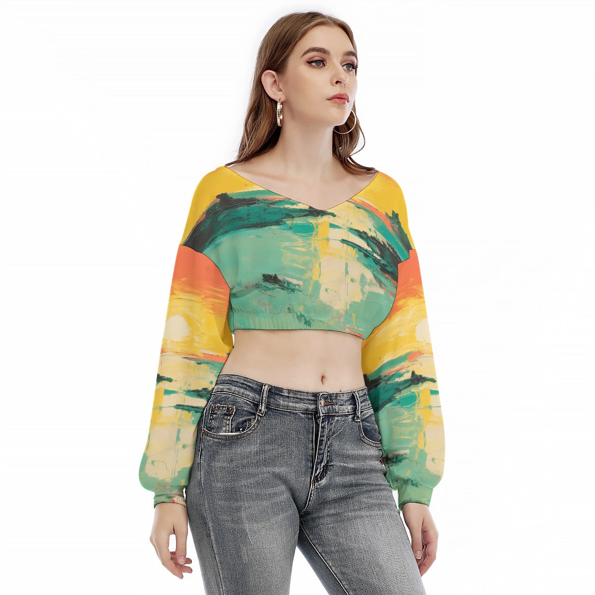 All-Over Print Women's V-neck Long Sleeve Cropped Sweatshirt