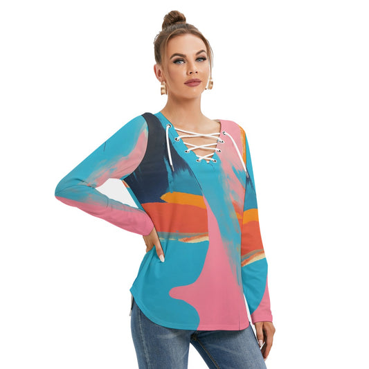 All-Over Print Women's Long Sleeve Neckline Tie Sweatshirt