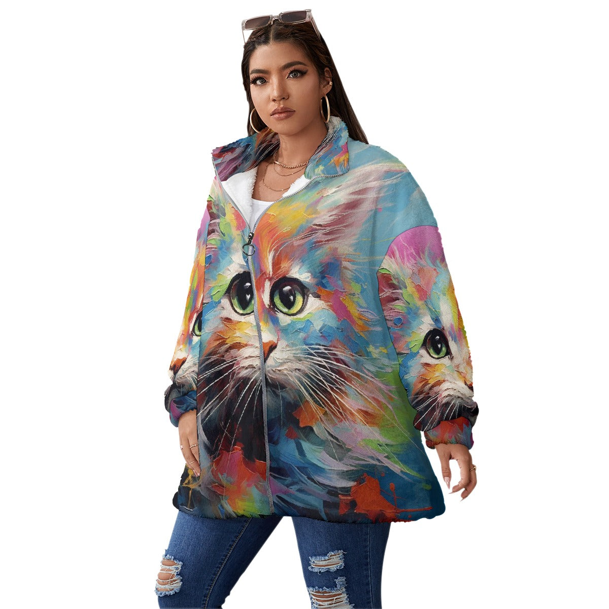All-Over Print Unisex Borg Fleece Stand-up Collar Coat With Zipper Closure(Plus Size)