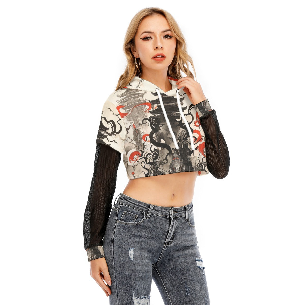 All-Over Print Women's Fake Two-piece Mesh Sleeve Cropped Hoodie