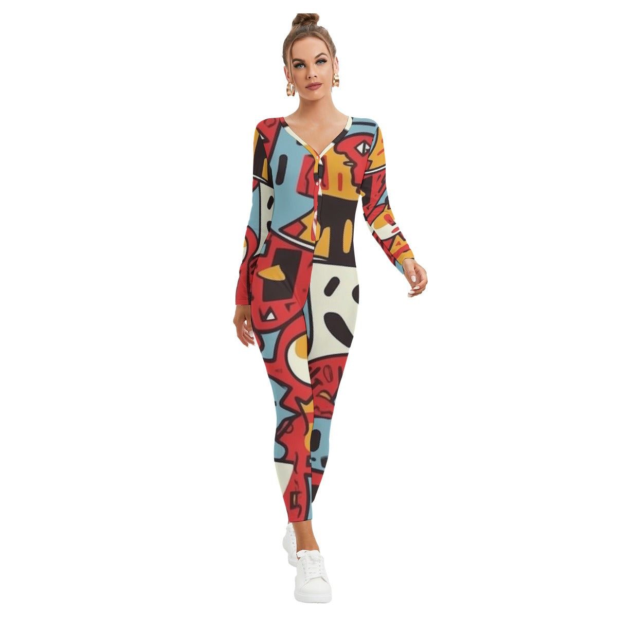 All-Over Print Women's Plunging Neck Jumpsuit