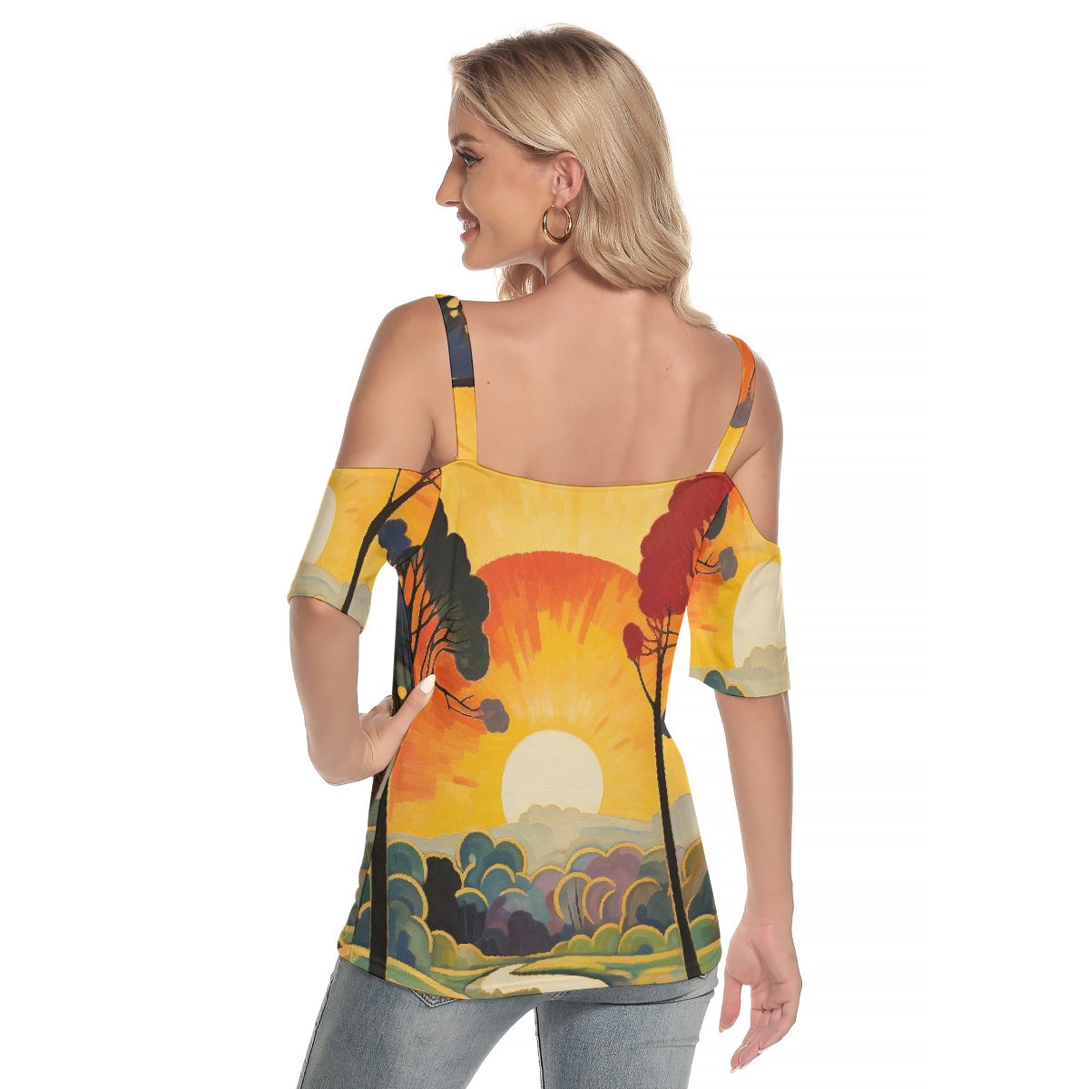 All-Over Print Women's Cold Shoulder T-shirt With Criss Cross Strips