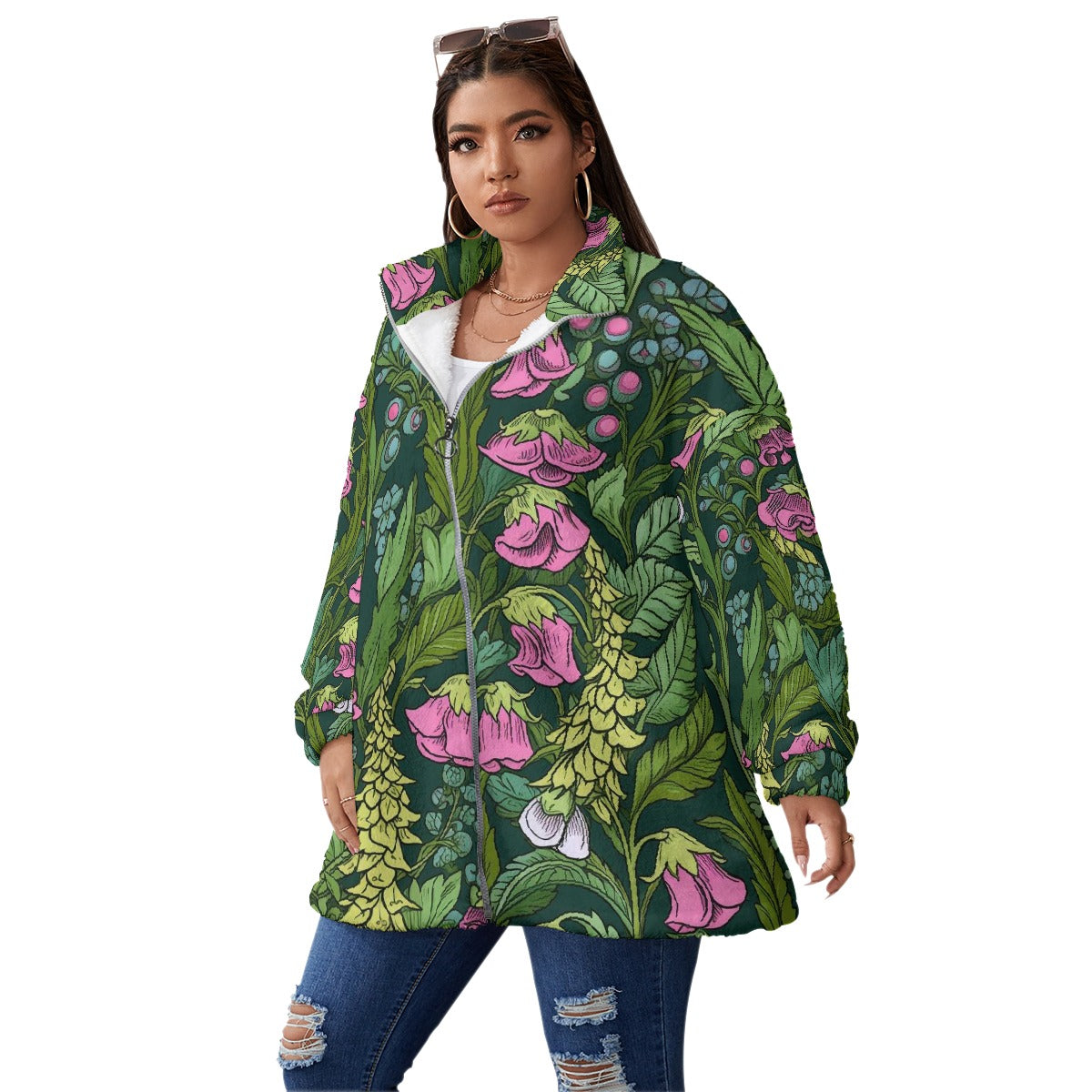 All-Over Print Unisex Borg Fleece Stand-up Collar Coat With Zipper Closure(Plus Size)