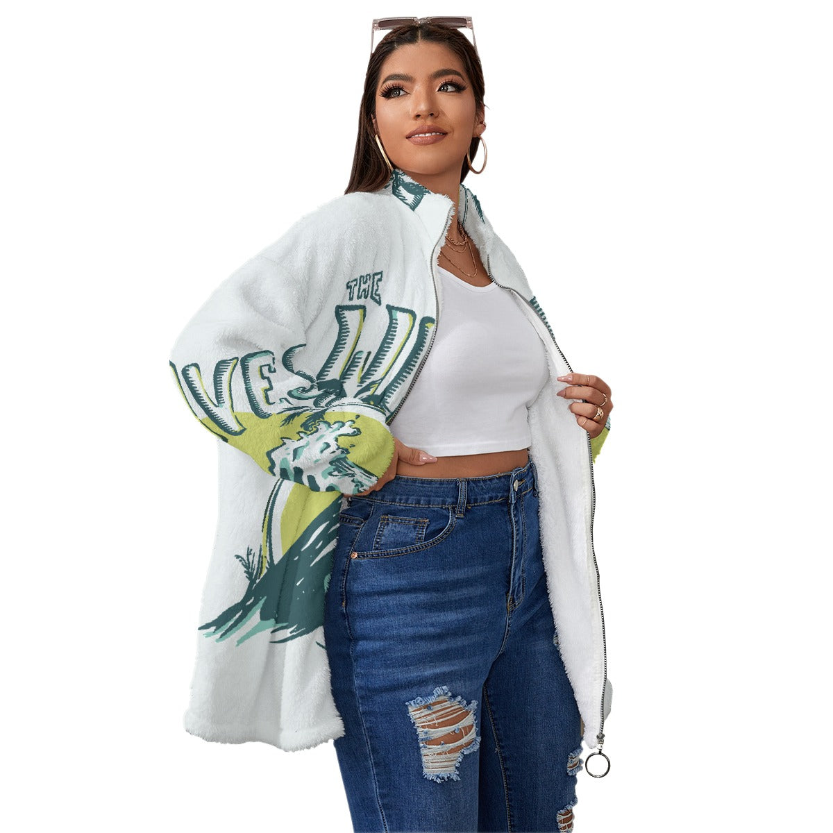 All-Over Print Unisex Borg Fleece Stand-up Collar Coat With Zipper Closure(Plus Size)