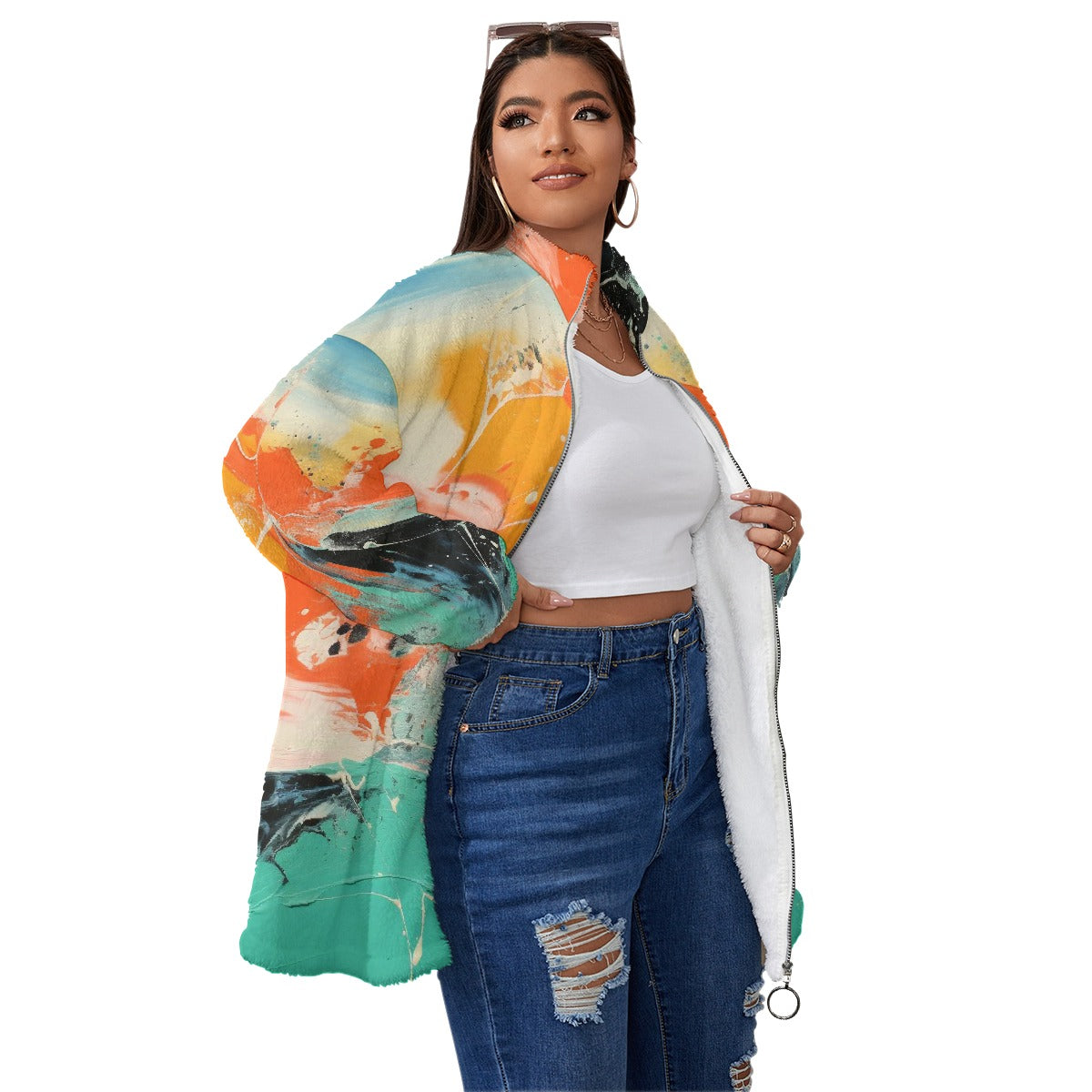 All-Over Print Unisex Borg Fleece Stand-up Collar Coat With Zipper Closure(Plus Size)