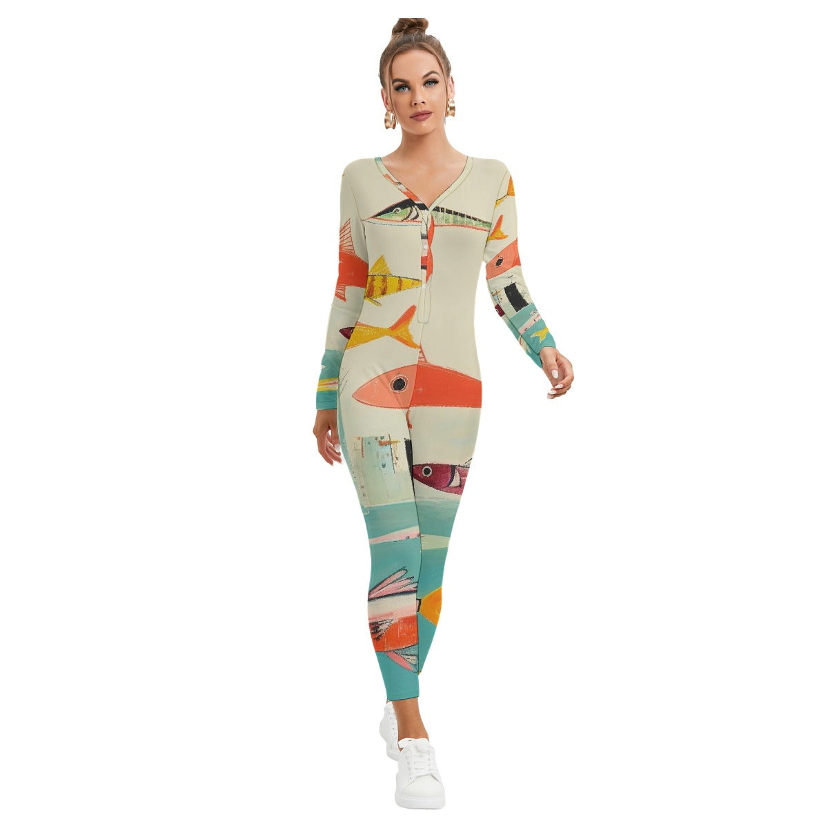 All-Over Print Women's Plunging Neck Jumpsuit