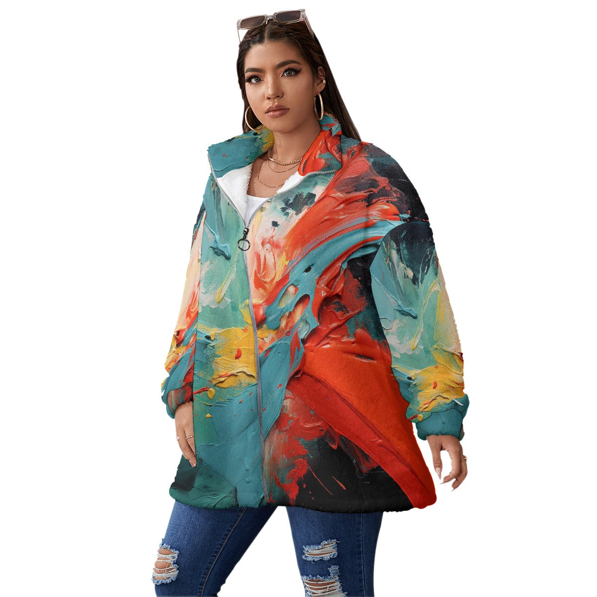All-Over Print Unisex Borg Fleece Stand-up Collar Coat With Zipper Closure(Plus Size)