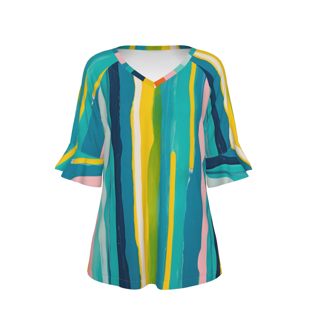 All-Over Print V-neck Women's T-shirt With Bell Sleeve