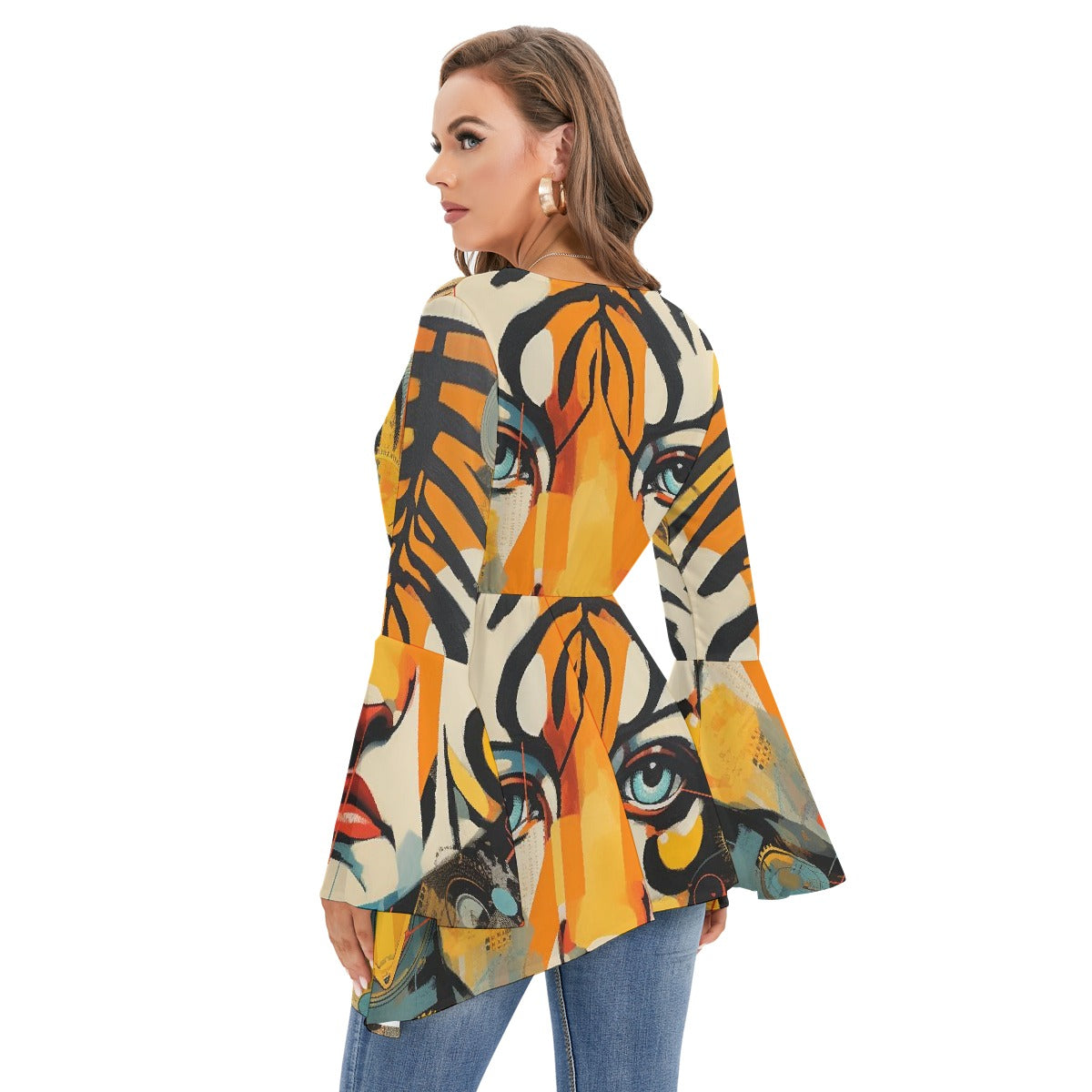 All-Over Print Women's V-neck Blouse With Flared Sleeves
