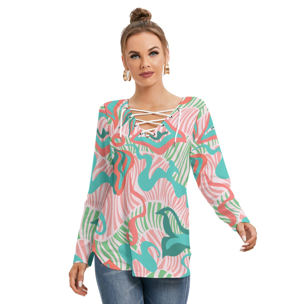All-Over Print Women's Long Sleeve Neckline Tie Sweatshirt