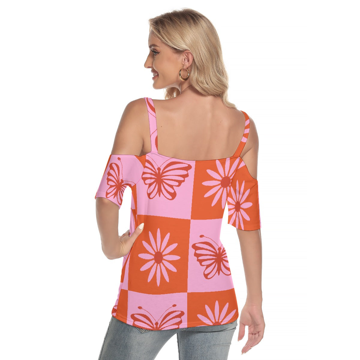 All-Over Print Women's Cold Shoulder T-shirt With Criss Cross Strips