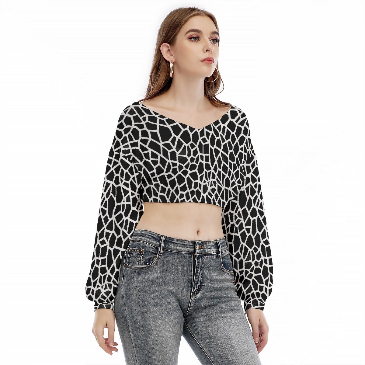 All-Over Print Women's V-neck Long Sleeve Cropped Sweatshirt