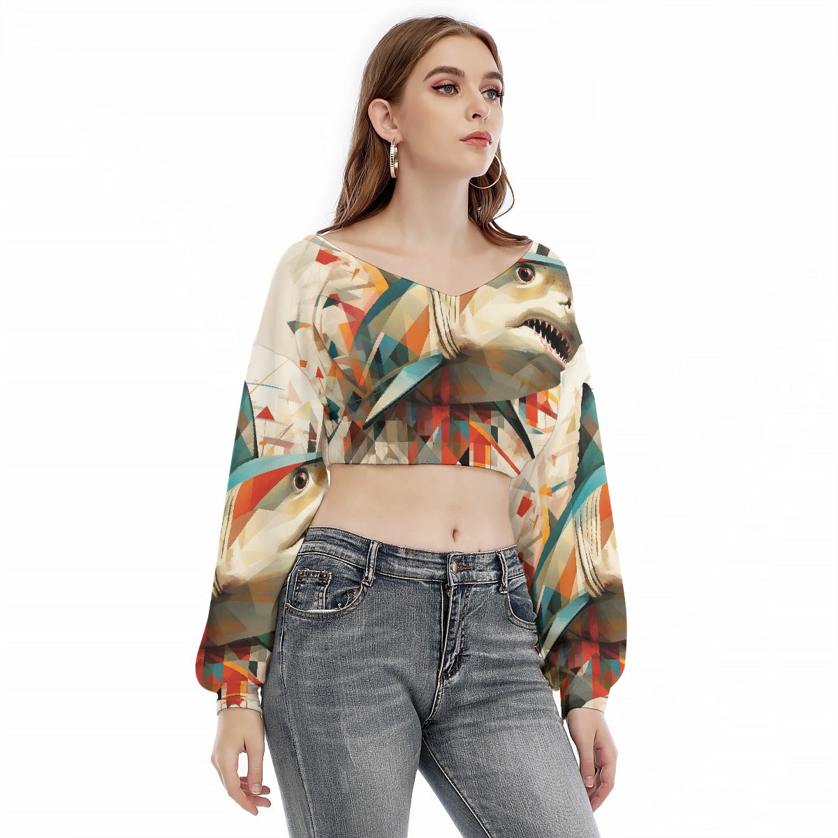 All-Over Print Women's V-neck Long Sleeve Cropped Sweatshirt